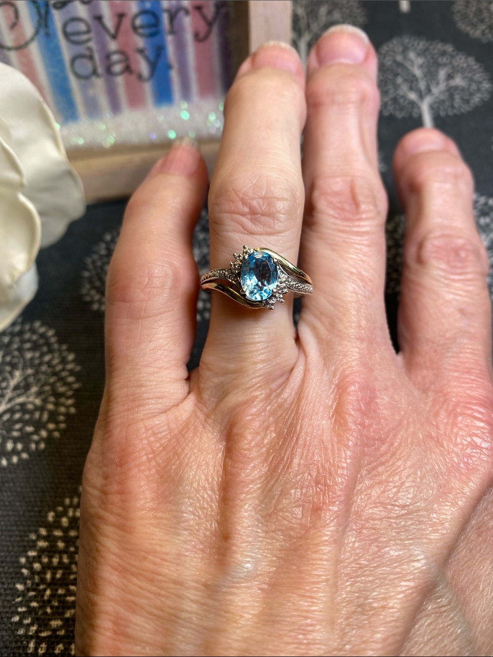 10k gold & 925 Blue Topaz and Diamond Accent Two-Tone Ring - Picture 4 of 12
